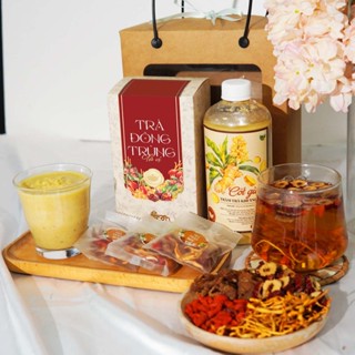  Set quà Tết tặng sức khỏe gồm cốt gừng ngâm chân và trà đông trùng tứ vị 