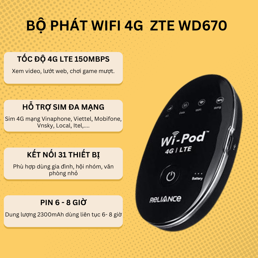 Bộ Phát Wifi 4G cầm tay nhỏ gọn hỗ trợ sử dụng tốc độ cao, pin khoẻ ZTE WD670 Netgear ac800s