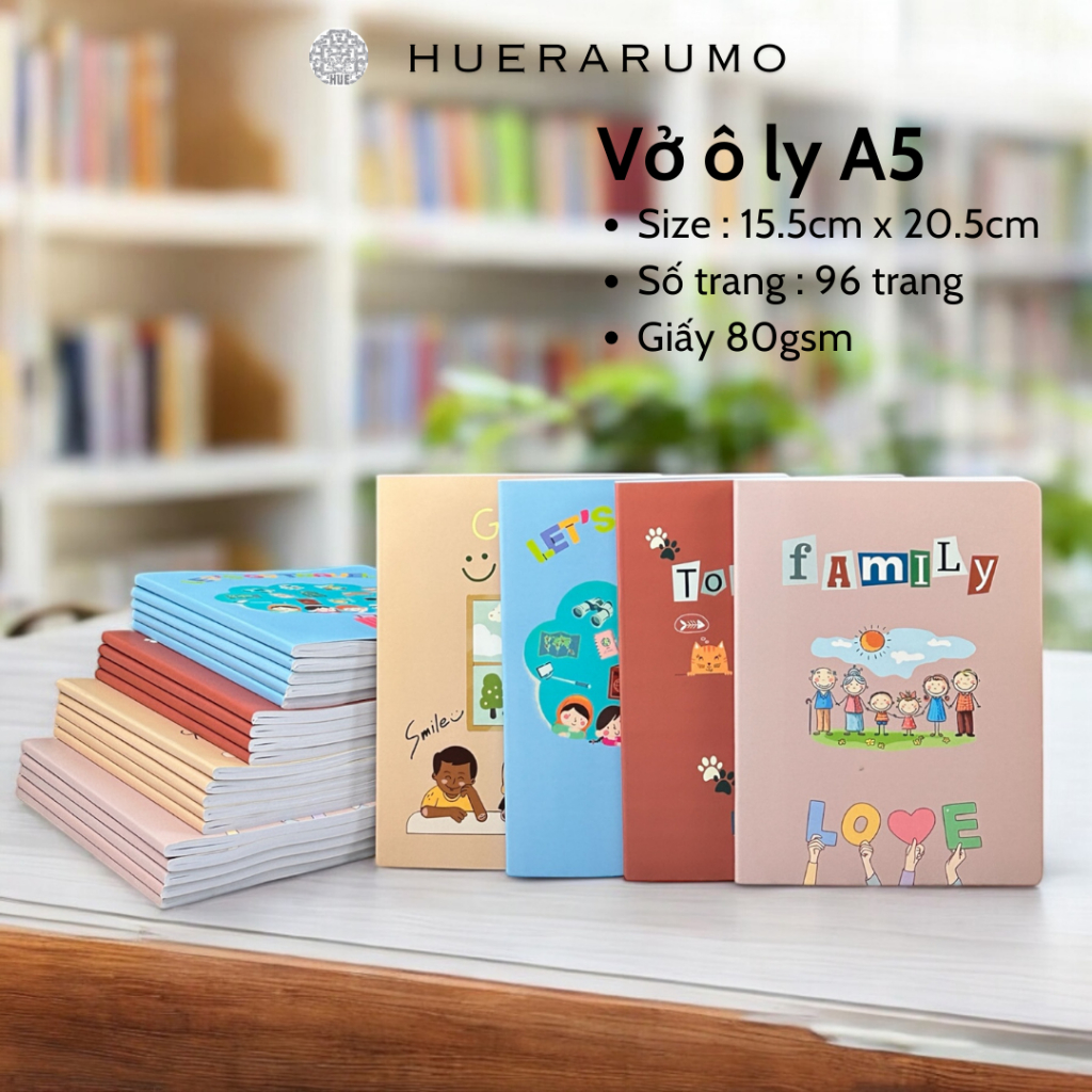 Vở ô ly A5 96 trang HUERARUMO, giấy viết DL 80gsm, in offset, bìa giấy ivory 250gsm cán màng.