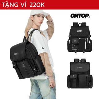 Balo nắp gập da và canvas đi học ONTOP nam nữ nhiều ngăn đen trơn đựng laptop local brand Renew Backpack | O-P024&O-P56