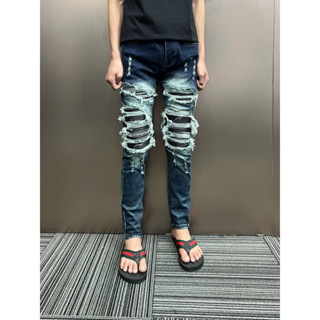 Quần Jean Xanh A-MI-RRI Vá Da Đen Mã QQ, Form Ôm ,Chất Bò Jean Co Dãn , Vá May Bo Viền ( Được Kiểm)