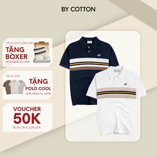 Áo Thun Polo Nam Cao Cấp Dệt Kim Trắng - Xanh Đen Sọc Ngực Thêu Ngựa - SS2 By Cotton