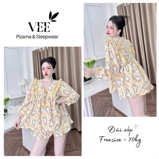 Set babydoll đũi xốp (kèm quần) VEE áo babydoll dài tay tiểu thư bộ đũi xốp mềm mịn cute dễ thương.