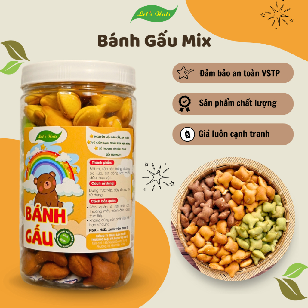 Bánh gấu mix vị 500g - 1000g Let's Nuts vỏ bánh giòn nhân kem sữa - Đồ ăn vặt béo thơm vị sữa