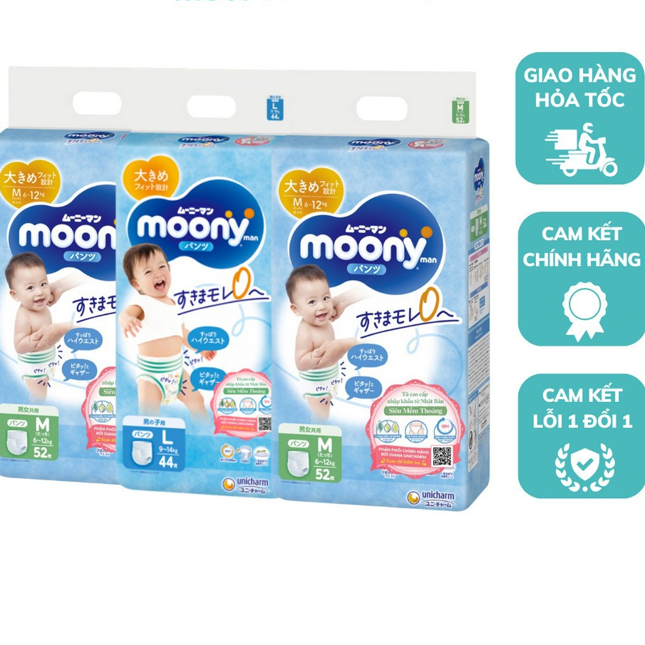 Bỉm dán, Bỉm quần Moony xanh cho bé, nhập khẩu chính hãng của UNICHARM