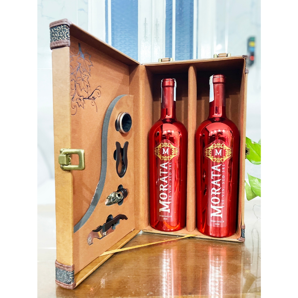 Hộp quà tặng vang Ý Morata Ruby - Hộp Pu da đôi