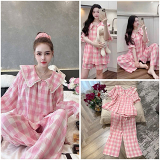 Bộ pijama  kẻ bèo tiểu thư hồng tay dài quần dài và đồ bộ mặc ở nhà chất vải đũi kẻ ô 60 kg