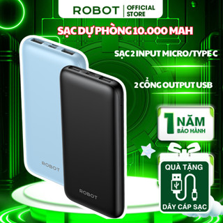 Pin Sạc Dự Phòng 10000mAh ROBOT RT12 Có 2 Cổng Sạc Ra USB & 2 Cổng Sạc Vào Micro/Type-C Nhỏ Gọn Tiện Lợi