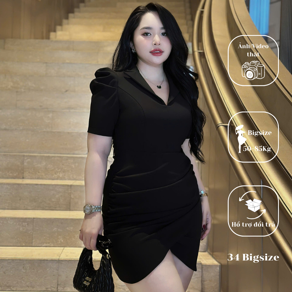 Đầm bigsize nhún vạt chéo 34DA048 34 Bigsize, đầm đi tiệc ngắn dáng ôm sang chảnh trẻ trung cho nữ