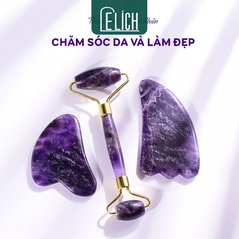 Bộ đá Guasha massage mặt bằng đá thạch anh tự nhiên giảm nếp nhăn + Cây lăn massage nâng cơ mặt
