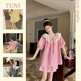 Bộ Đồ Ngủ Kẻ Caro Thắt Nơ Xinh Xắn Áo Tay Cộc Quần Cộc Tuni.studio T010