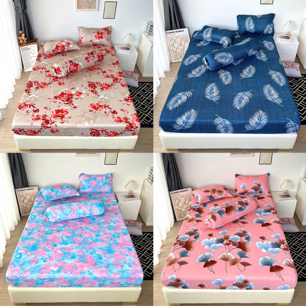 Bộ ga giường 4 món thun lạnh size 1m2x2m in 3D nhiều mẫu drap nệm đẹp