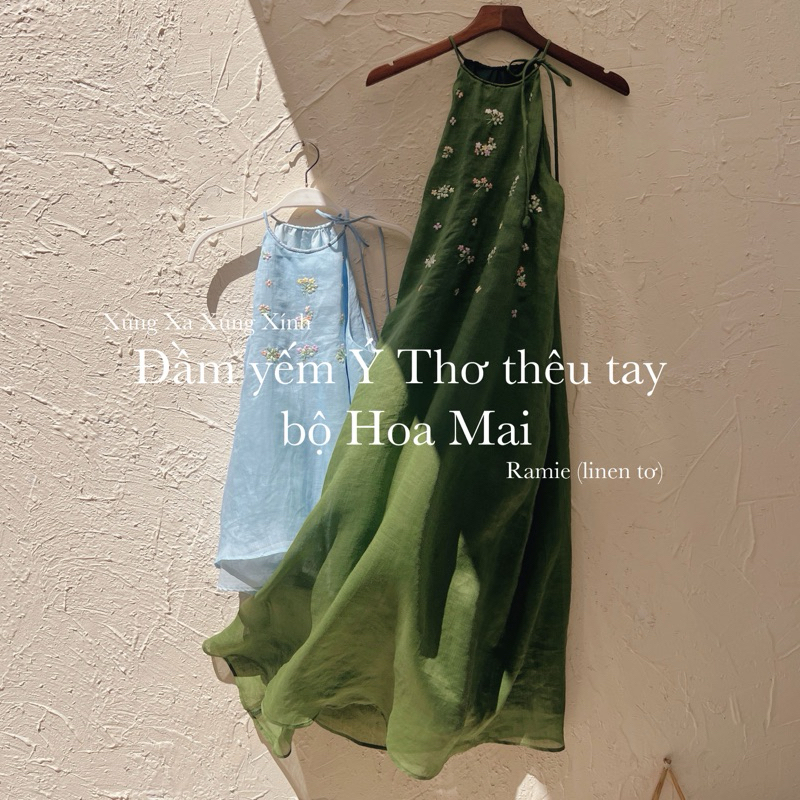 | 0303 studio | đầm cổ yếm kín lưng dài linen thêu hoa - dòng Ý Thơ