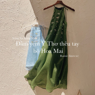 | 0303 studio | đầm cổ yếm kín lưng dài linen thêu hoa - dòng Ý Thơ