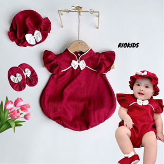 [3-12kg] Body chíp lụa đỏ RIOKIDS thời trang quần áo đầy tháng cho bé gái sơ sinh Lễ Tết BD216