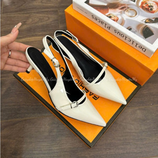 Giày cao gót 3p mũi nhọn đai ngang phối khuy cài hàng cao cấp full hộp ( AH34 )