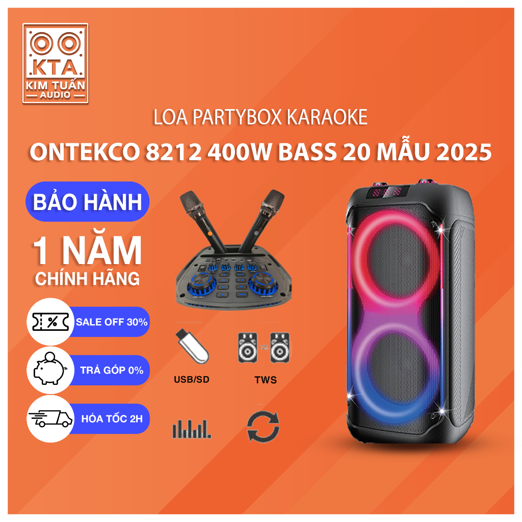 Loa Kéo PartyBox Karaoke Ontekco 8212 400W 2 Bass 20cm và PartyBox 8112 Tặng Kèm 2 Micro Hàng Chính 