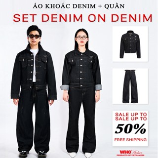 Áo khoác denim WHO Set denim on denim Áo khoác jean from crop kèm quần jean
