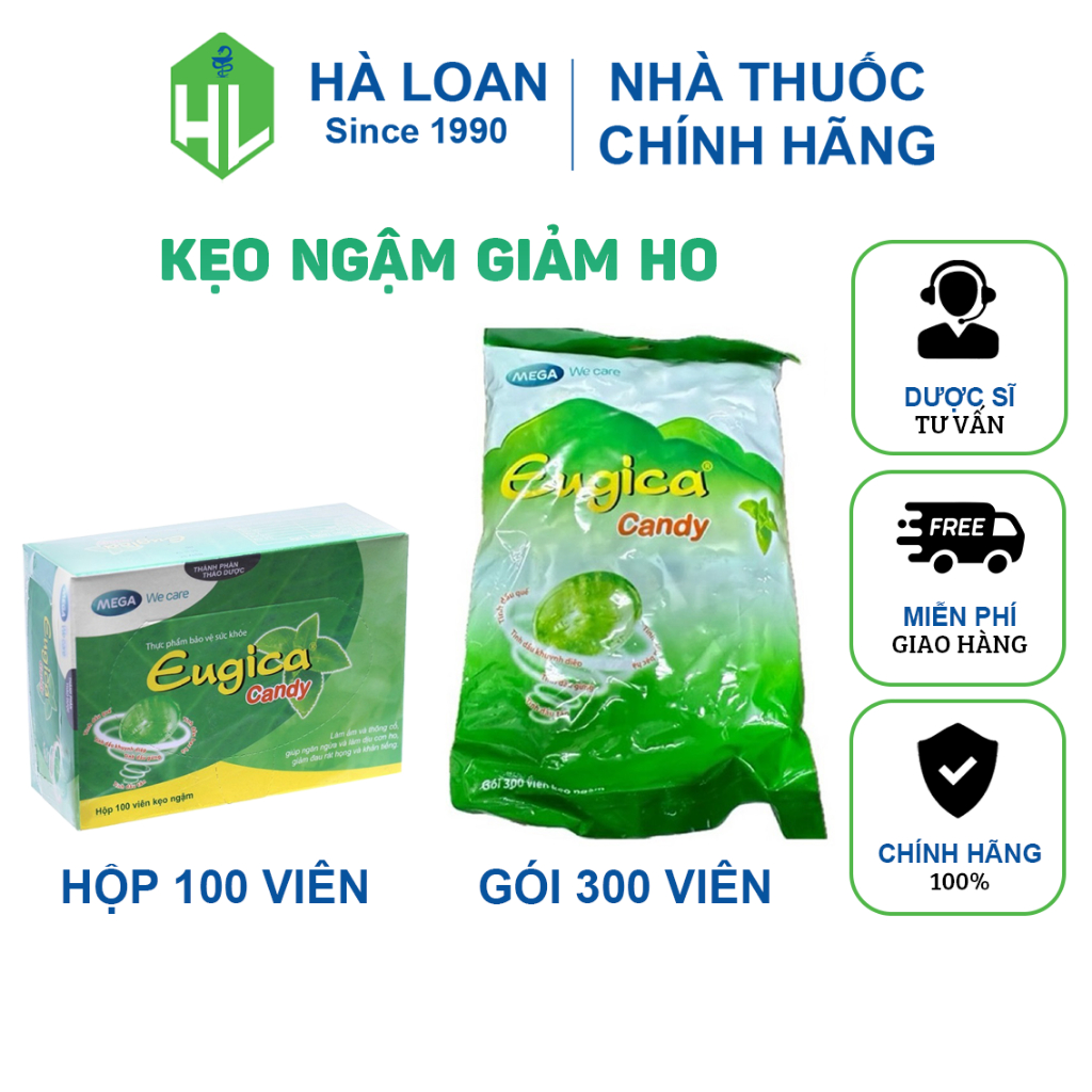 Kẹo ngậm thảo dược Eugica - Hỗ trợ giảm ho, đau rát họng, giảm đàm (Hộp 100 viên/Gói 300 viên)