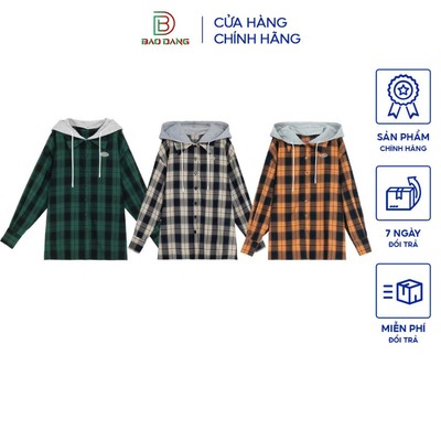 Áo khoác sơ mi chống nắng nam nữ flannel có cổ sơ mi và có mũ nón nỉ 2 lớp tháo rời Bảo Đăng.