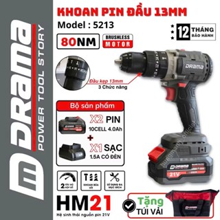 [Chính Hãng] Máy Khoan Pin DRAMA 5213 , Lực Siết 80Nm, 3 Chức năng, Đầu kẹp 13mm Autolock tặng kèm túi vải cao cấp