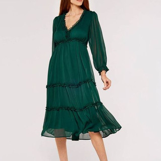 Đầm chiffon dáng midi cổ v viền sắc nét tone màu xanh tươi mát tôn da _ Hàng dư chuẩn đẹp