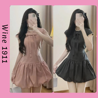 Váy bí đính nơ phối ren dáng ngắn dây buộc eo kèm quần bảo hộ rời phong cách tiểu thư