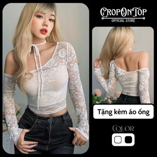 Áo lưới ren tay dài trễ vai nữ kèm áo ống CropOnTop áo ren họa tiết hoa ôm body quyến rũ TD12