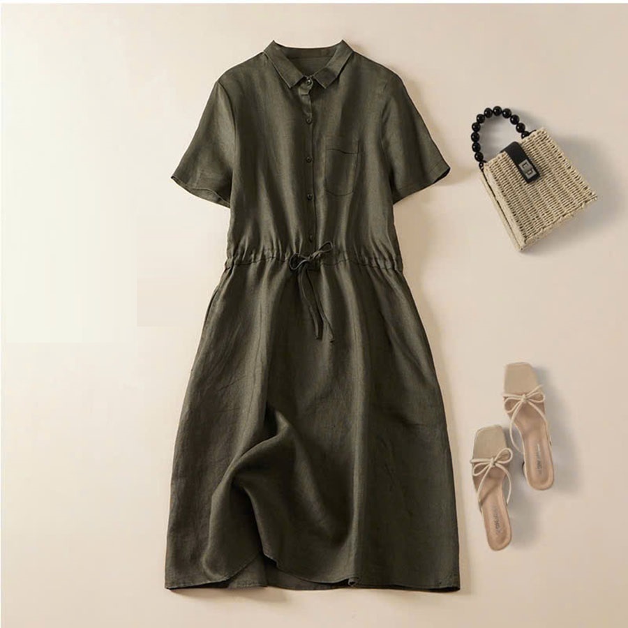 Đầm Suông Công Sở SLINEN - Cổ Sơ Mi, Rút Eo Thanh Lịch, Linen Bột Premium