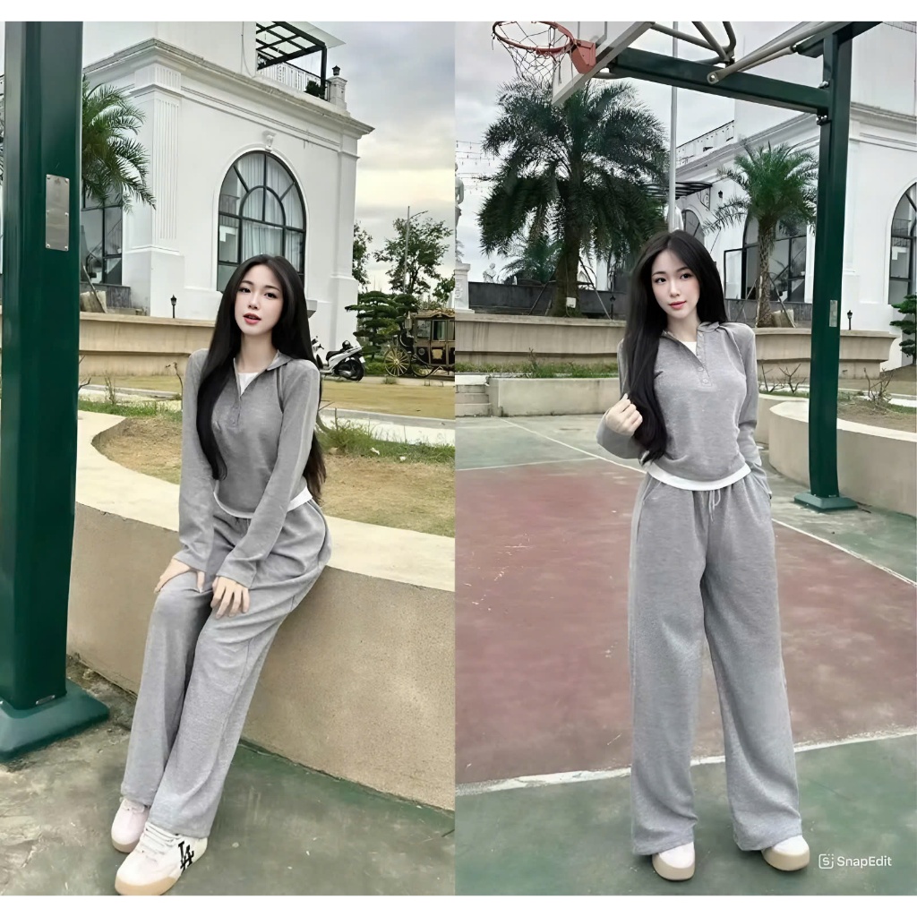  Set Đồ Nữ Chất Thun Tăm Phối Áo Mũ Thiết Kế Nhún Eo Mix Quần Dài Cạp Chun Girl Phố Sành Điệu  sét 02  Women Top 