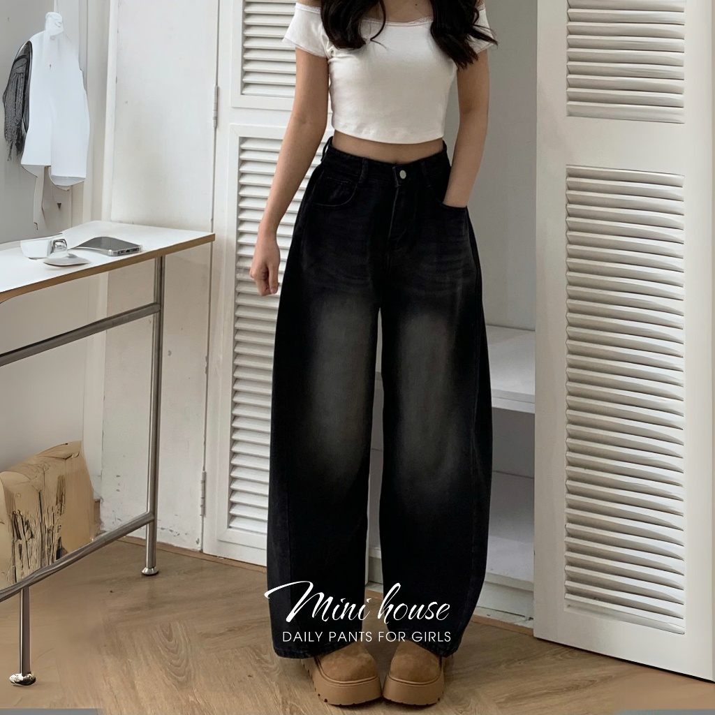 𝐌𝐈𝐍𝐈 𝐇𝐎𝐔𝐒𝐄 - Quần jeans nữ ống rộng phối line nhúm phần hông tôn dáng che khuyết điểm MINI003 | BigBuy360 - bigbuy360.vn