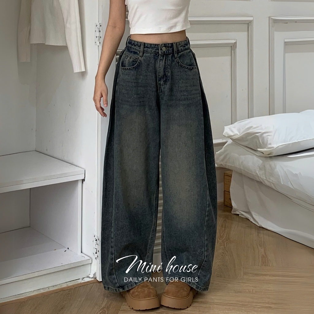 𝐌𝐈𝐍𝐈 𝐇𝐎𝐔𝐒𝐄 - Quần jeans nữ ống rộng phối line nhúm phần hông tôn dáng che khuyết điểm MINI003 | BigBuy360 - bigbuy360.vn