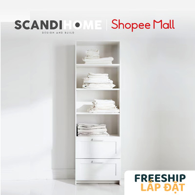 KALUA, Kệ 4 tầng 2 hộc kéo SHE_067, 60x35x190cm, kệ gỗ Scandi Home