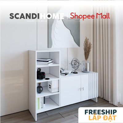 RAMUS, Kệ 4 tầng kèm tủ 2 cánh mở STO_119, 120x35x97cm, kệ gỗ Scandi Home