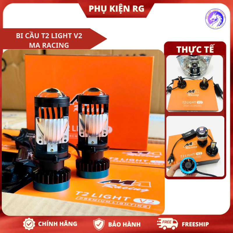 Đèn Bi Cầu Mini T2 LIGHT V2 60W Chân H4 Chính Hãng Ma Racing, Bi Led Tản Nhiệt Lắp Đặt Cho XeMáy Ôtô