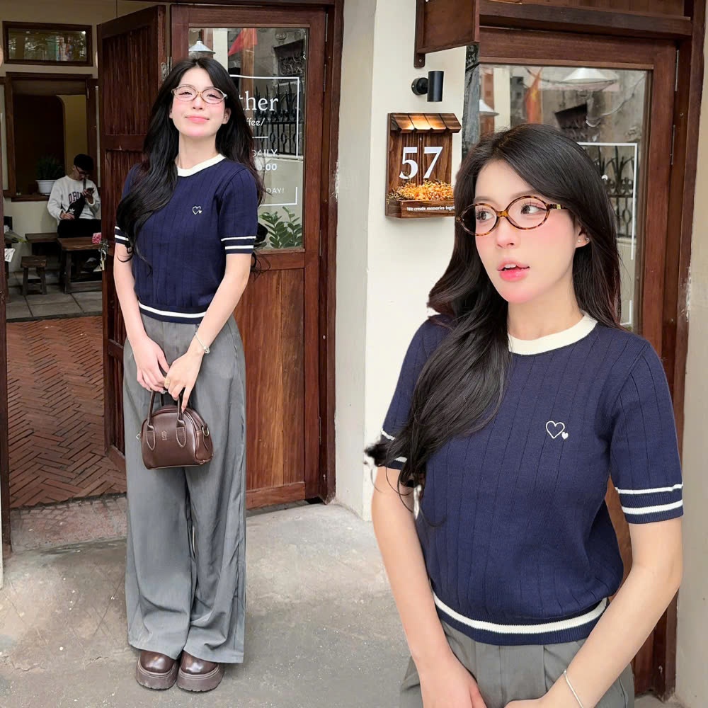[DELIZ] Áo len lông thỏ ngắn tay cổ tròn phối viền trái tim chất mềm hàng thiết kế cao cấp ALC07 | BigBuy360 - bigbuy360.vn