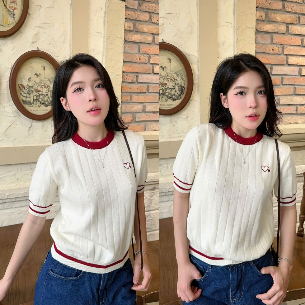 Áo len lông thỏ cộc tay mùa hè cổ tròn phối viền đỏ kẻ sọc hình thêu trái tim ALC07 thiết kế DELIZ | BigBuy360 - bigbuy360.vn