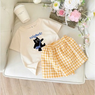  #Sét đùi caro áo thun ngắn tay in hình bé gái bé trai JULYKID sét bộ đùi cho bé đi học đi chơi từ 10-37kg  1-10 tuổi  