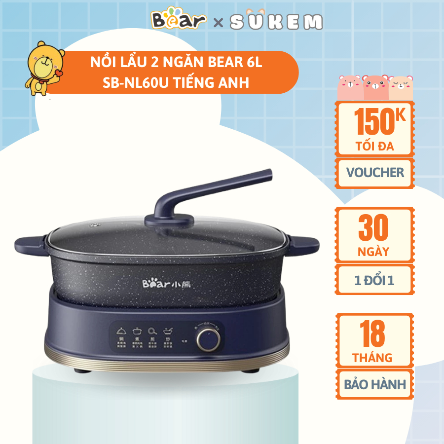 Nồi Lẩu 2 Ngăn Bear Đa Năng Nhiều Chế Độ Nấu Lẩu Hầm Ninh Chiên Rán Xào Chống Dính Cực Tốt SB-NL60U