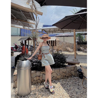  Jumpsuit jean dáng ngắn nhún ngực kèm nịt nâu sang chảnh HT352 kèm hình thật sp 