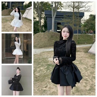  Đầm thiết kế nữ dự tiệc sang chảnh 2 tone màu đen trắng đầm tay dài cổ tròn len ren phối váy mango xòe tùng công chúa 