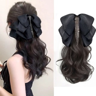  Kẹp tóc giả đuôi ngựa nối dài ngoặm tóc xoăn gợn sóng nước có kèm nơ lụa tua rua cho nữ thời trang Hàn Quốc 