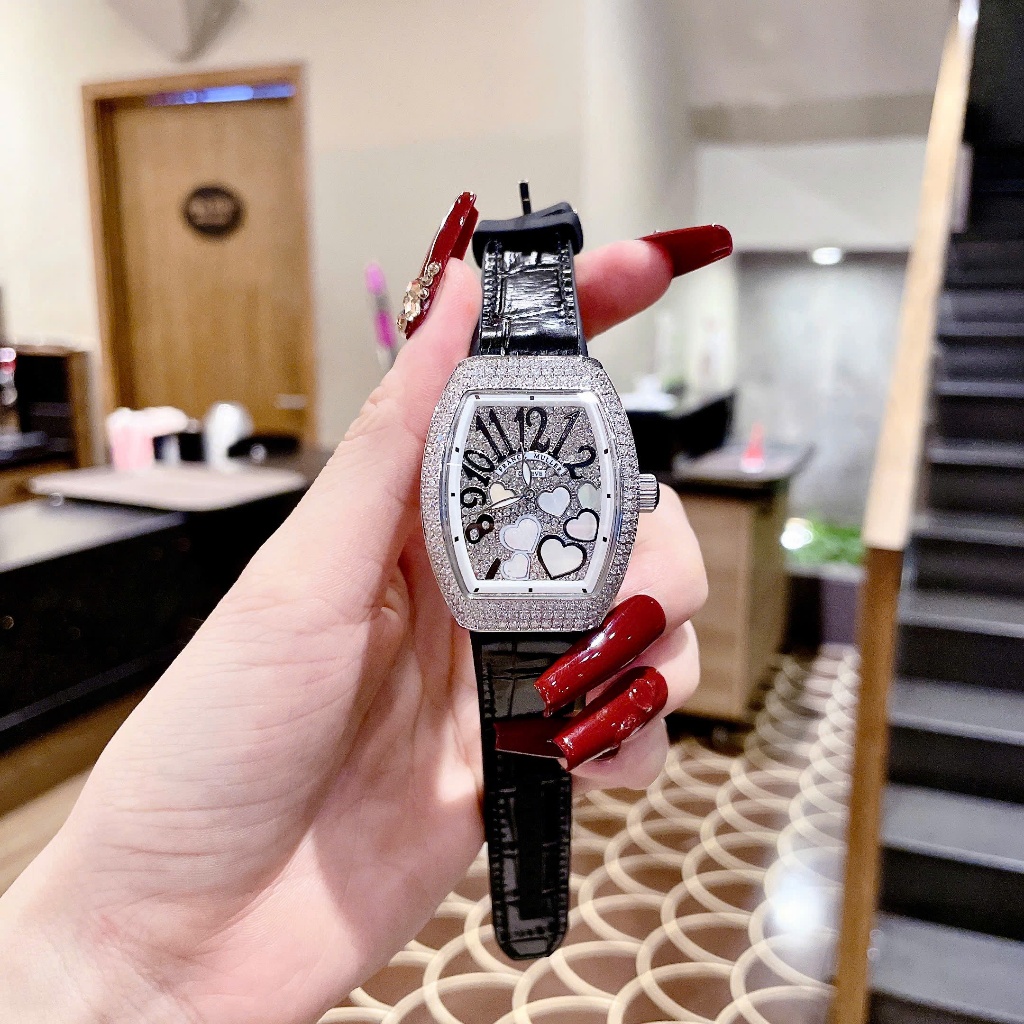 Đồng hồ nữ Fr@nck Mull€r Vanguard V32 Vanguard Lady Heart Black Full Diamond, Dây cao su, Fullbox, L