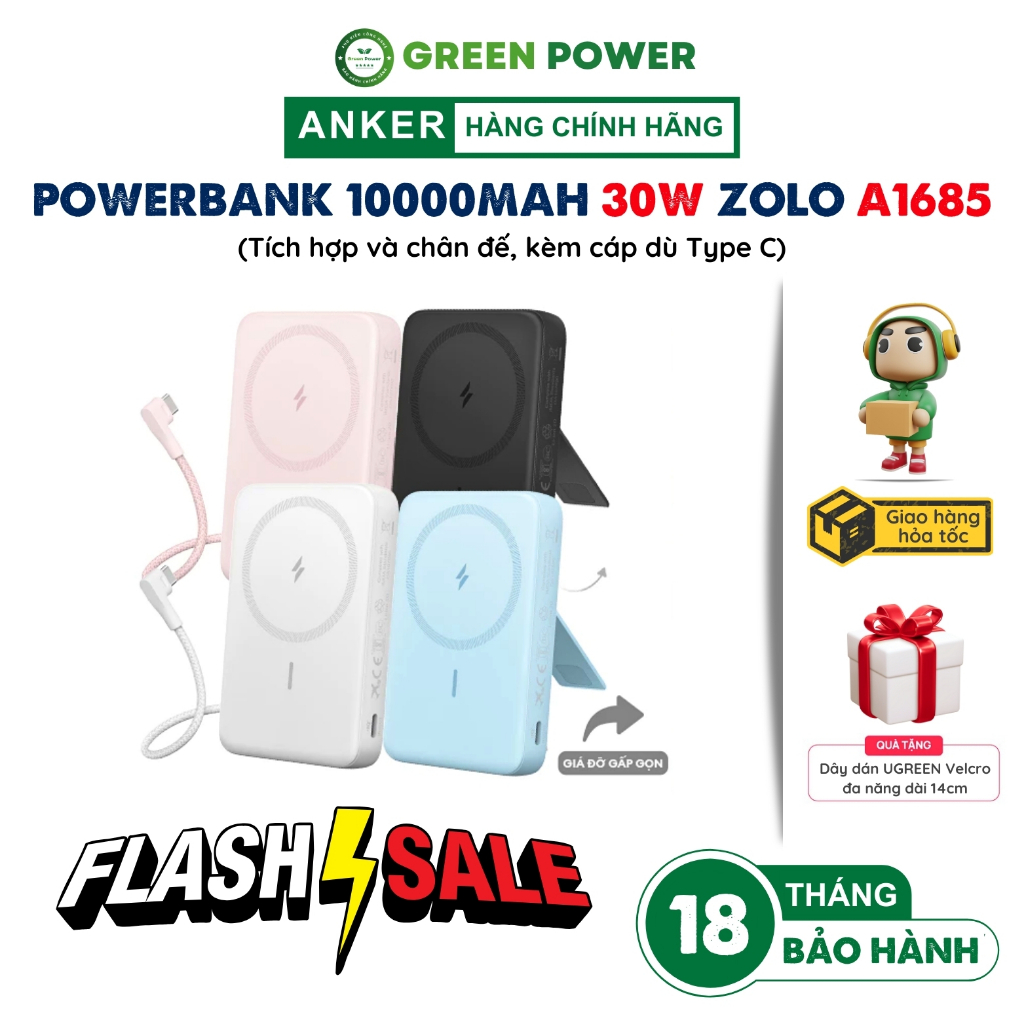 Pin dự phòng từ tính Anker Zolo A1685 30W dung lượng 10000mAh tích hợp và chân đế, kèm cáp dù Type C