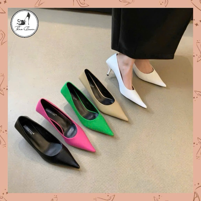 (6CM-FORM 1.5) Giày cao gót mũi nhọn hậu vuông Âu Mỹ 6cm ( loại 8cm ở link khác )-6cm- 5 màu-THAO CLOVER-SSQ-9586-1