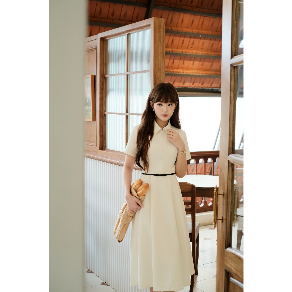 Váy dáng xòe cổ đức đai nơ eo, chất liệu cao cấp thời trang thiết kế Calie vx237 | BigBuy360 - bigbuy360.vn