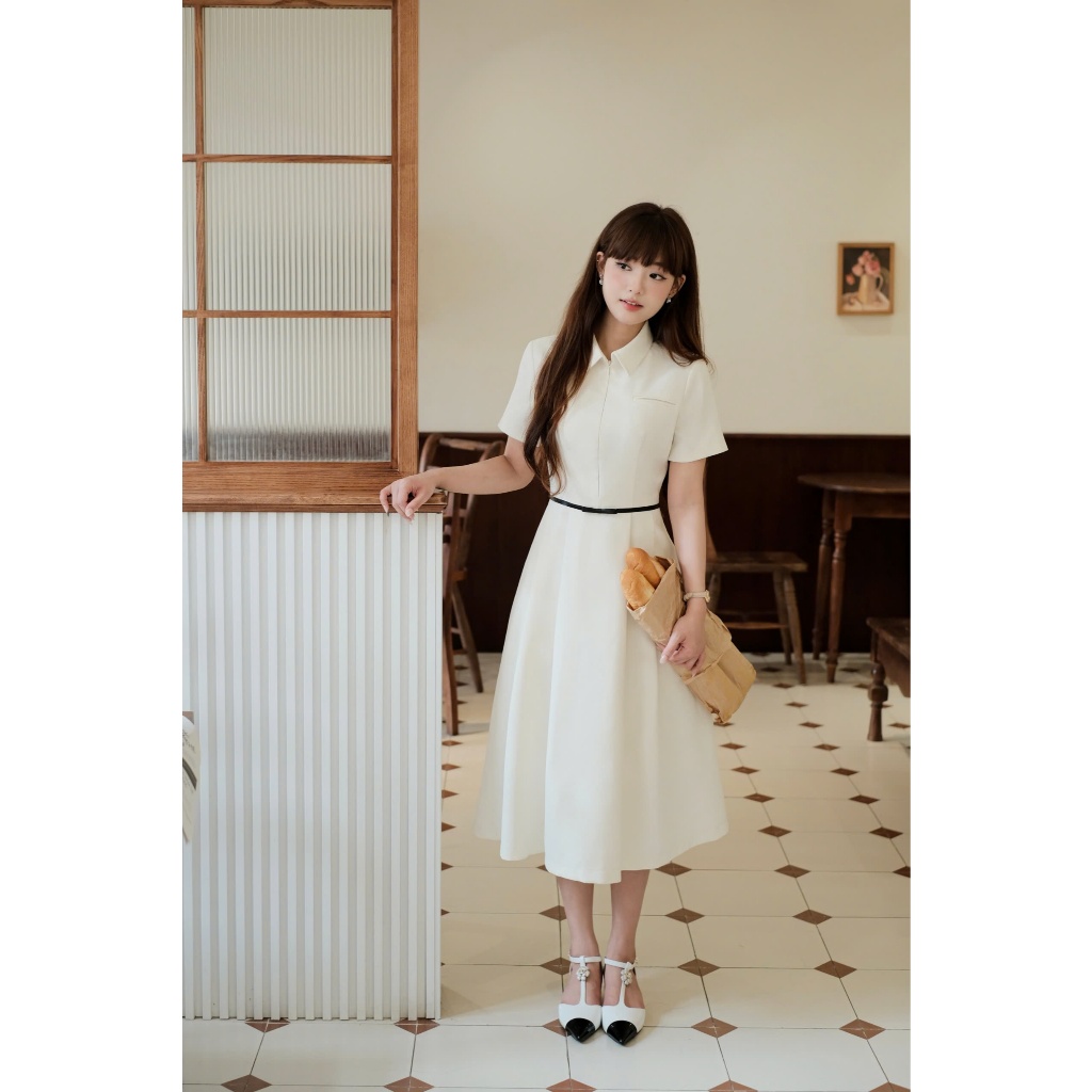 Váy dáng xòe cổ đức đai nơ eo, chất liệu cao cấp thời trang thiết kế Calie vx237 | BigBuy360 - bigbuy360.vn