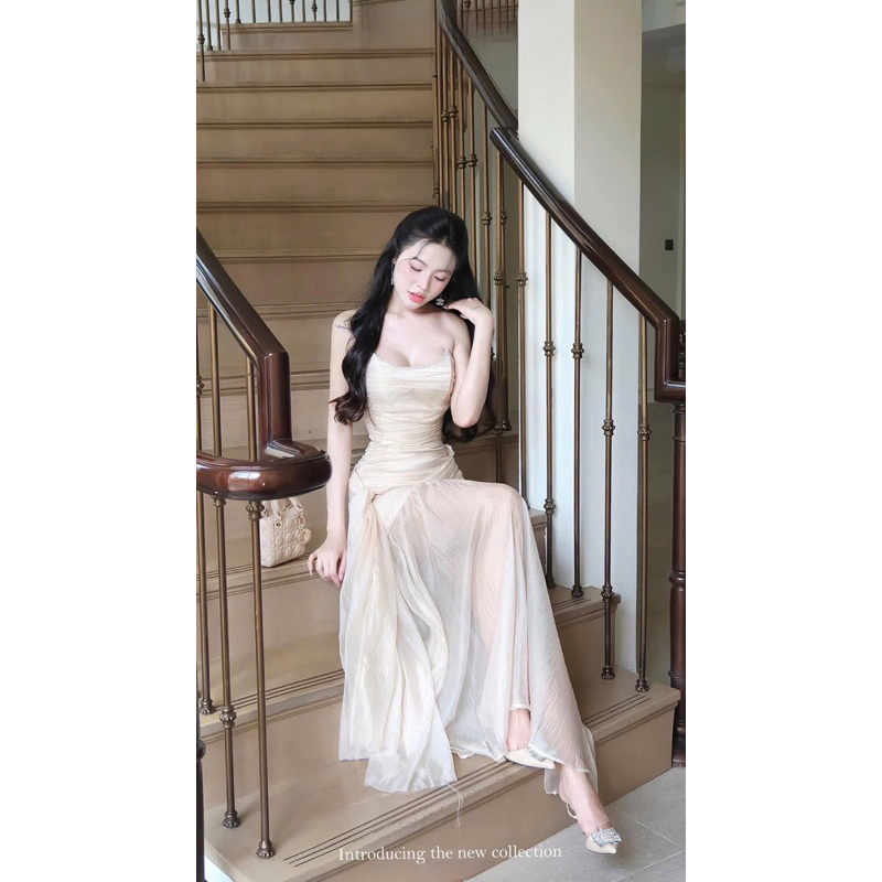 ĐẦM MAXI TƠ CỘT HÔNG KẾT ĐÁ NGỰC