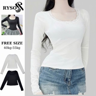 Áo Thun Nữ Tay Dài Cổ Vuông Phối Ren Ôm Body Babytee Đính Nơ, Áo Trơn Dáng Ôm Baby Basic Đơn Giản RYSO FASHION