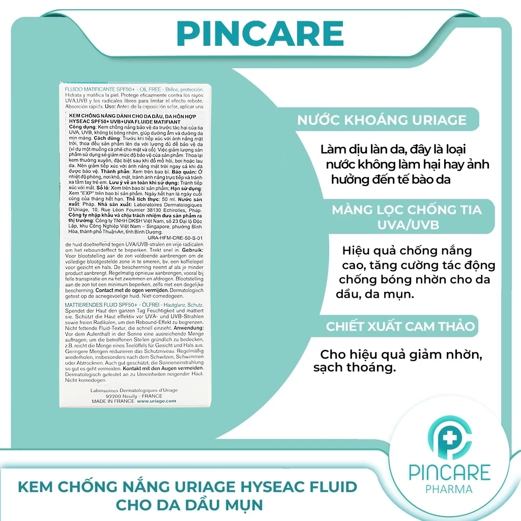 Kem chống nắng cho da dầu mụn Uriage Hyseac Fluide SPF50 50ml - Hàng chính hãng - PINCARE Health & Beauty